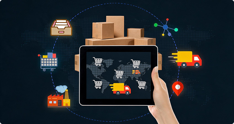 Hand holding a tablet showing a digital logistics network dashboard with trucks, warehouses, and connected routes